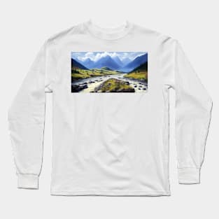 Realistic mountains surrender by river Long Sleeve T-Shirt